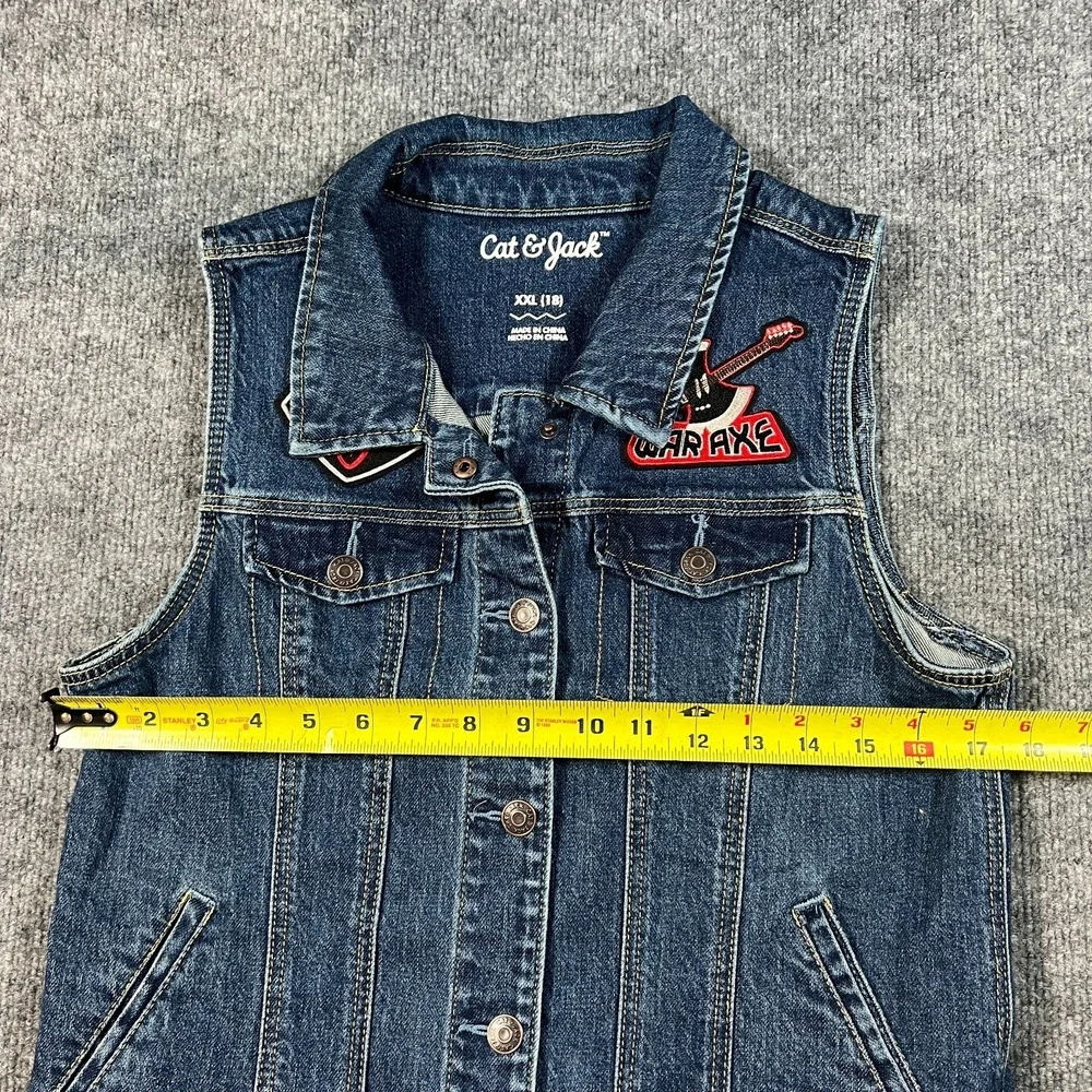 Cat & Jack Trucker‎ Vest Girls XXL Blue Patches Denim Cotton Stretch Snap Front